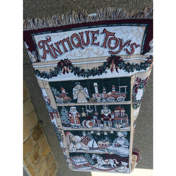 Antique Toys Throw Blanket Christmas Theme Store Window Display 50"x60" Fringe - Picture 7 of 11